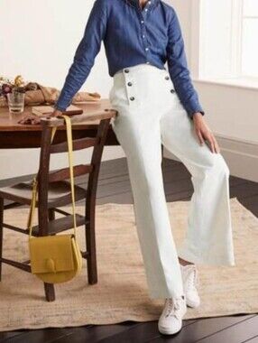 Boden Wide-Leg High-Rise Button Sailor Pants in White - Size 14